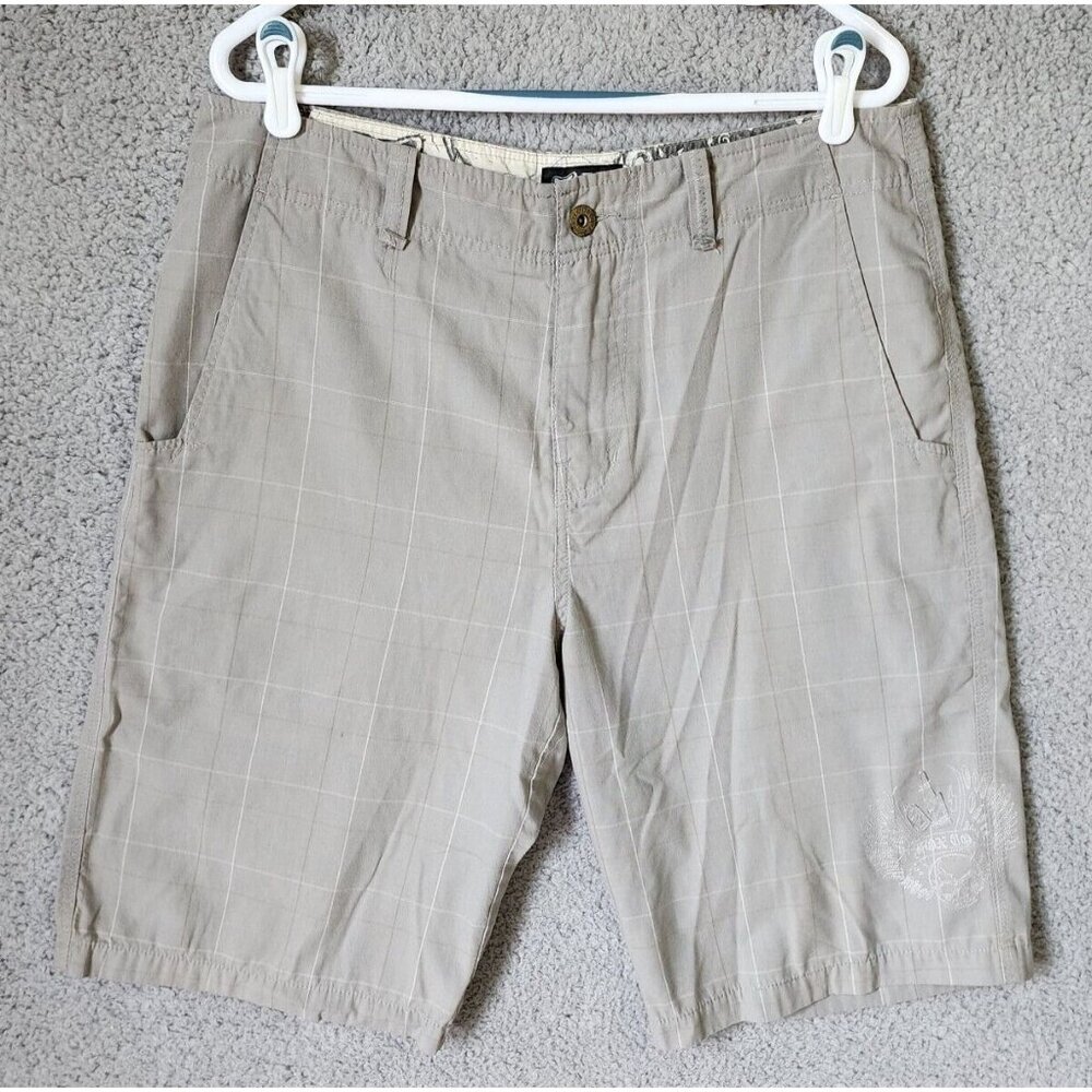 Fox Racing Gray Check Plaid Embroidered Shorts Size 34 Polyester‎ Cotton Blend